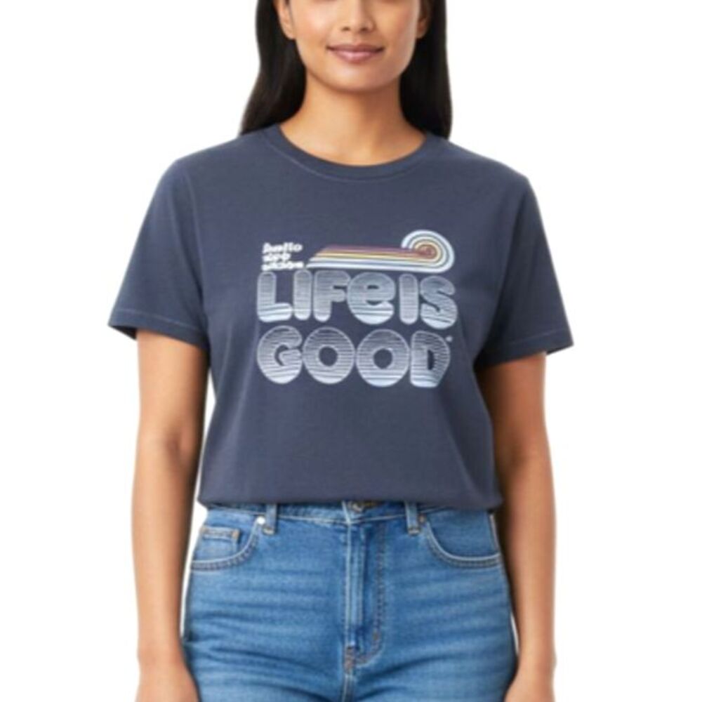 LIFE IS GOOD T-Shirt Crusher Tee Dark Blue Hello Sunshine Women Size Large NEW
